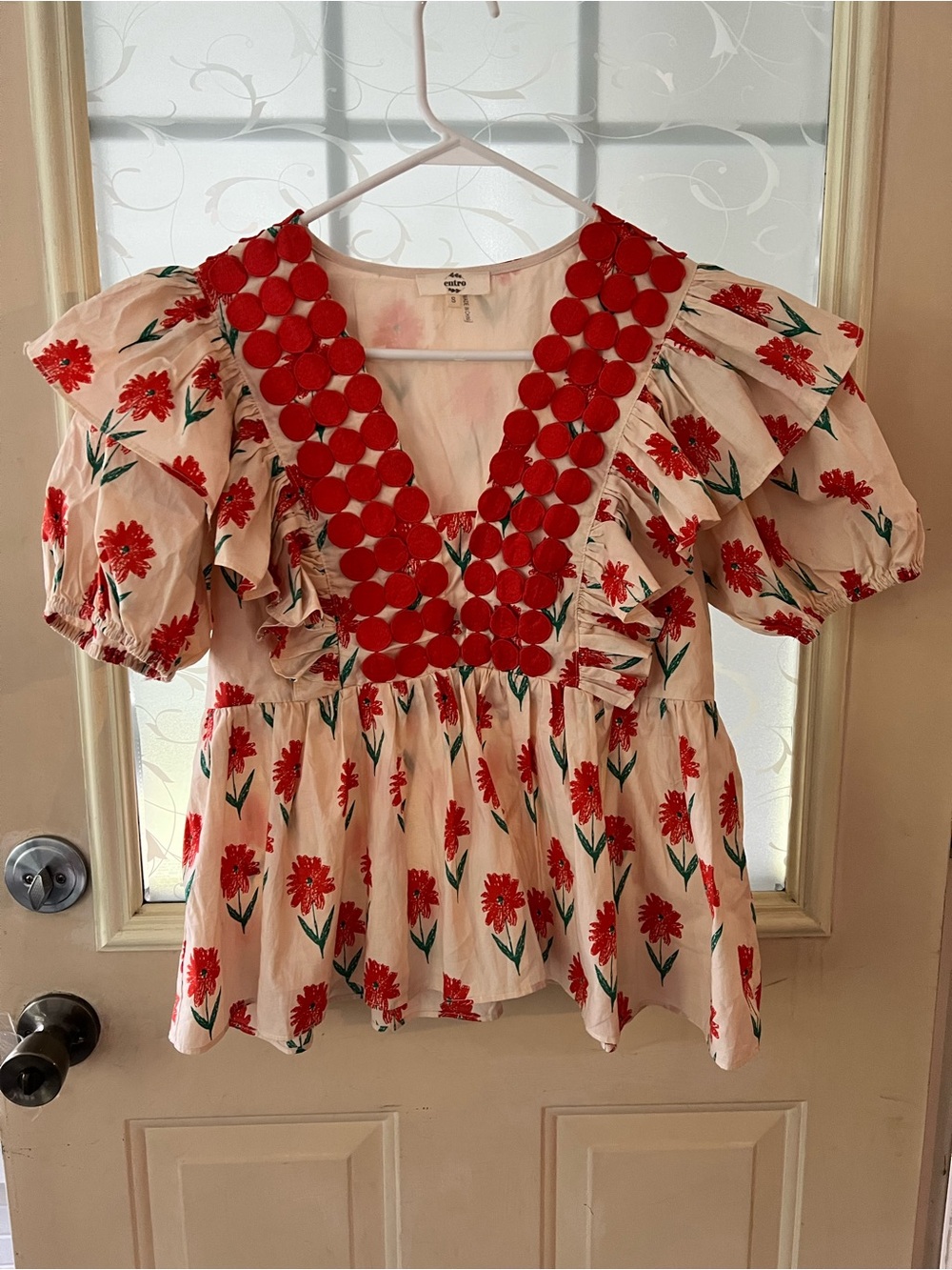 Entro floral ruffle puff sleeve peplum blouse with v neckline and polka dot trim - Picture 3 of 11